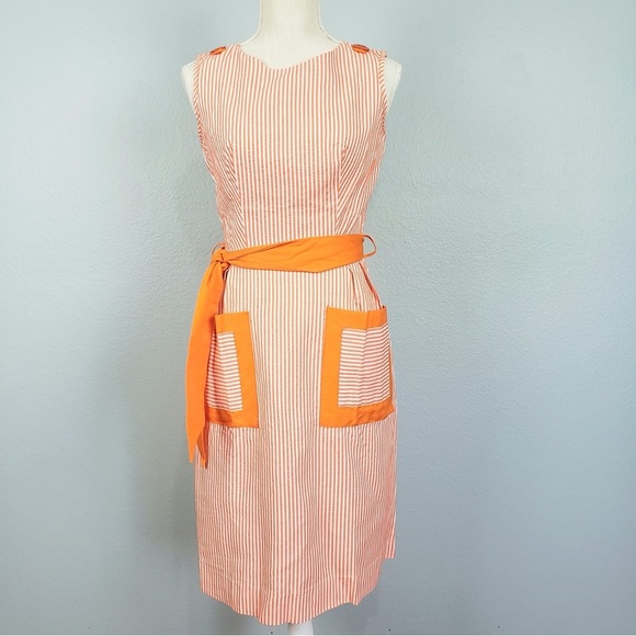 CAROL BRENT Vintage 50s 60s Striped Dress Orange White Sz 10 - Picture 1 of 10